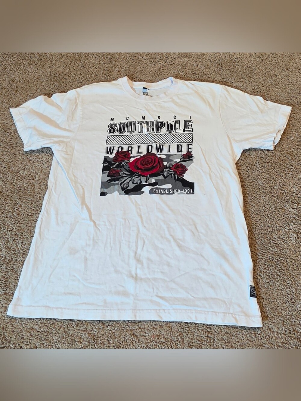 South Pole White Tee with Red Rose Graphic